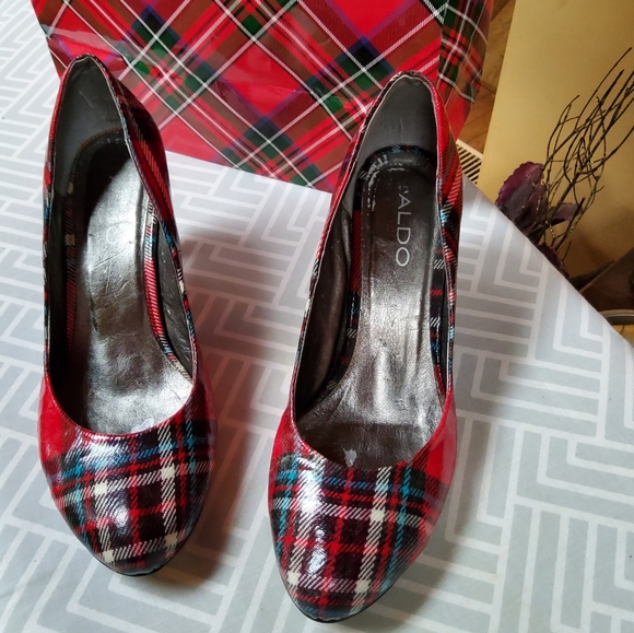 Aldo Red Tweed Plaid Tartan Patent Leather Heels - Picture 2 of 7